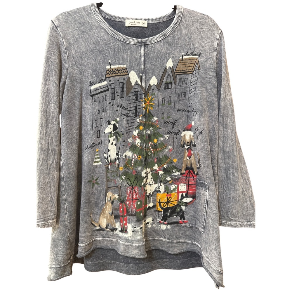 Jess & Jane Christmas Dogs Mineral Wash Tunic Top Gray M88-000 Womens Medium